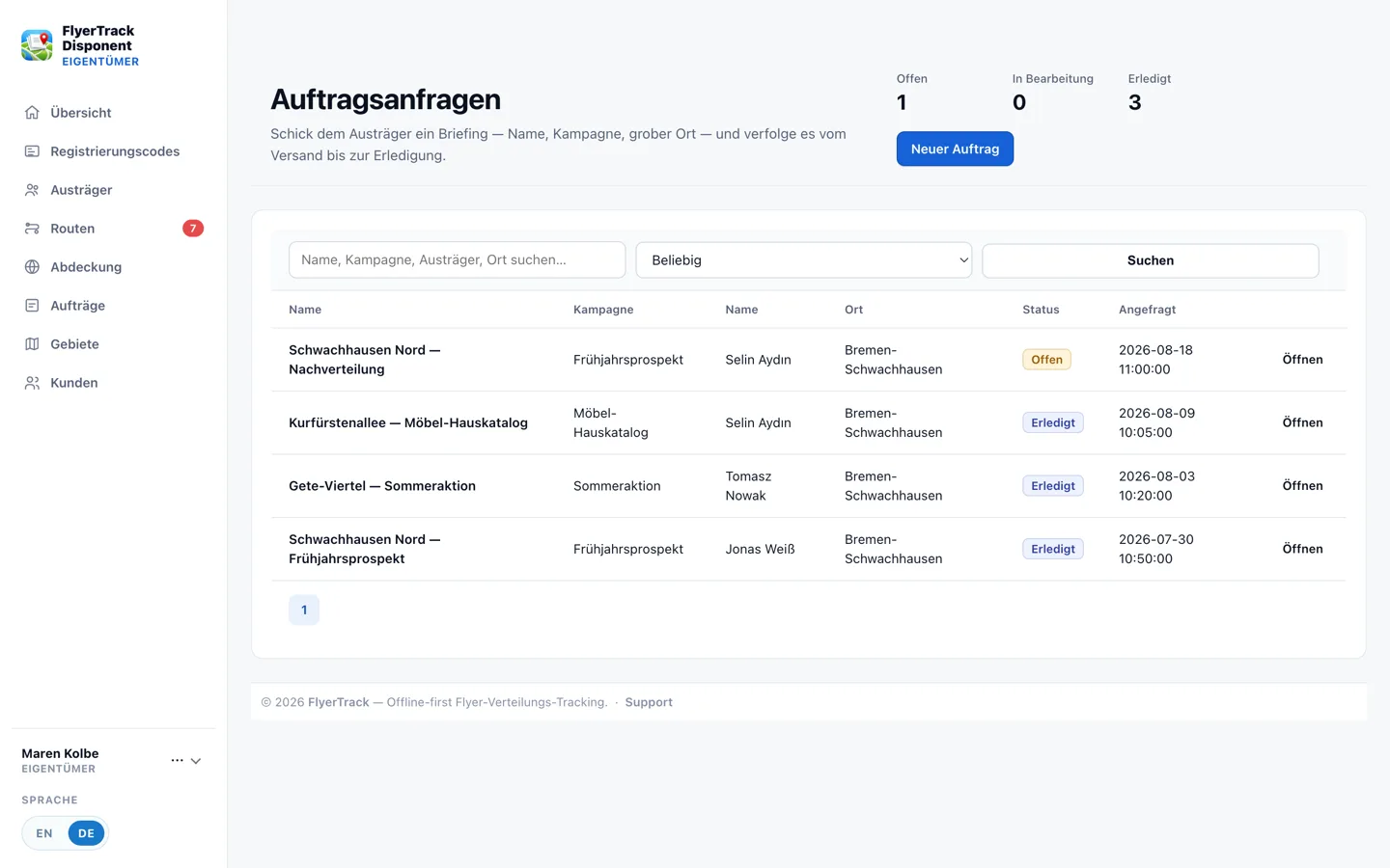 Auftragsliste in FlyerTrack mit Status, Austräger und Kampagne