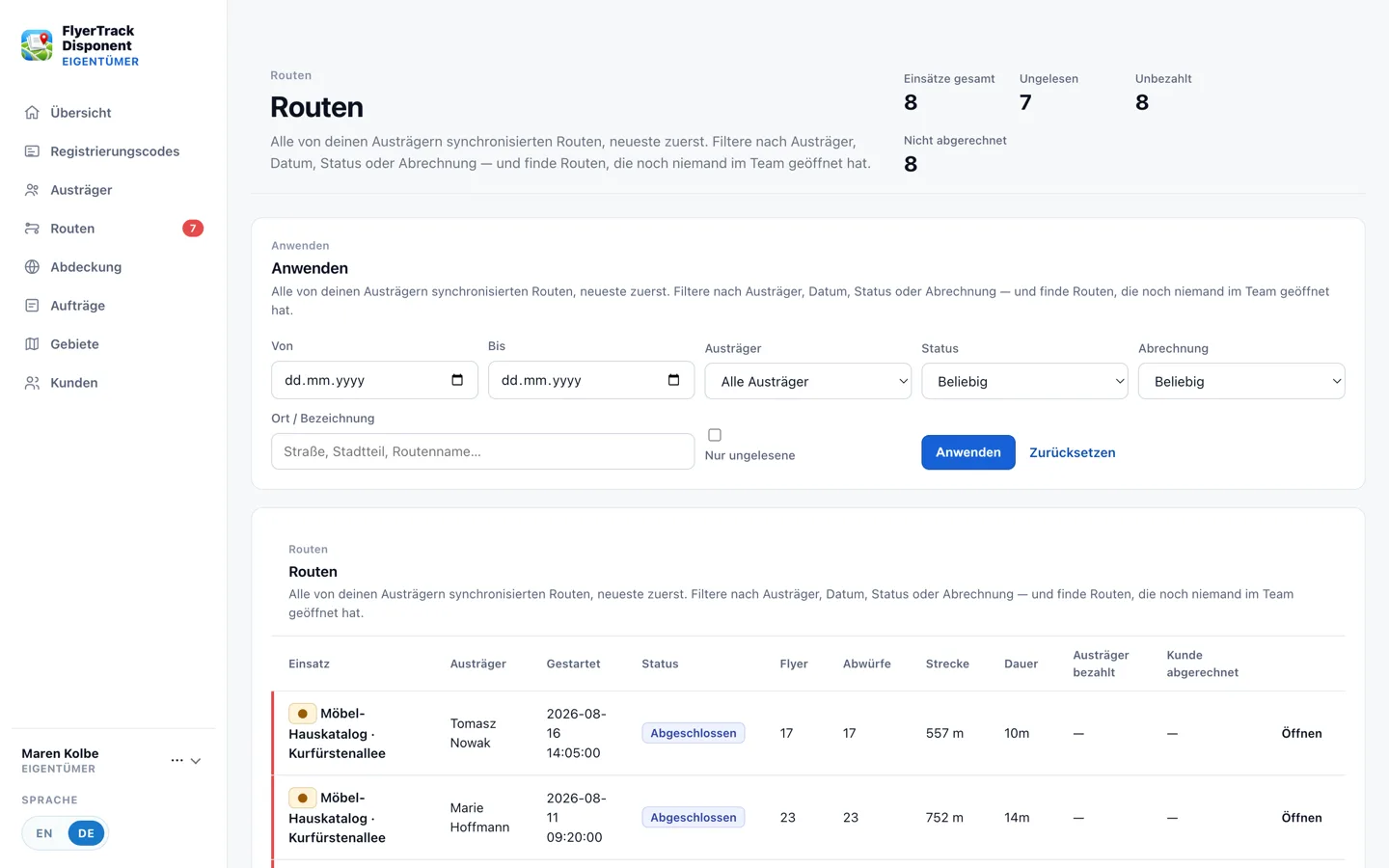 Routenliste im FlyerTrack-Dashboard mit Austräger, Kampagne, Abwürfen und Strecke pro Route