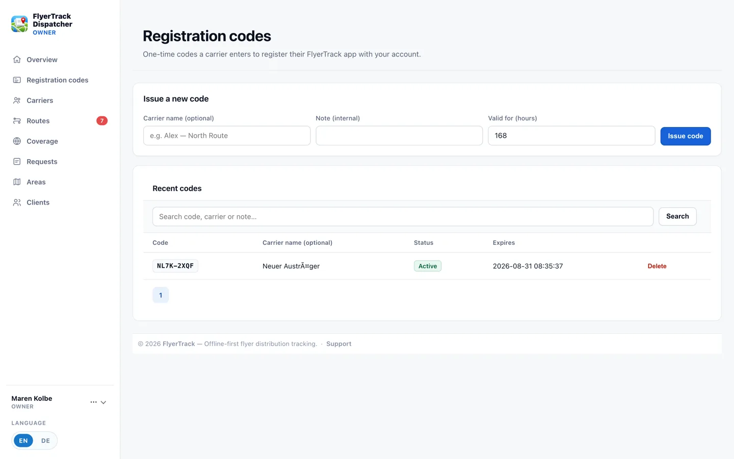 Registration code overview with expiry dates and status