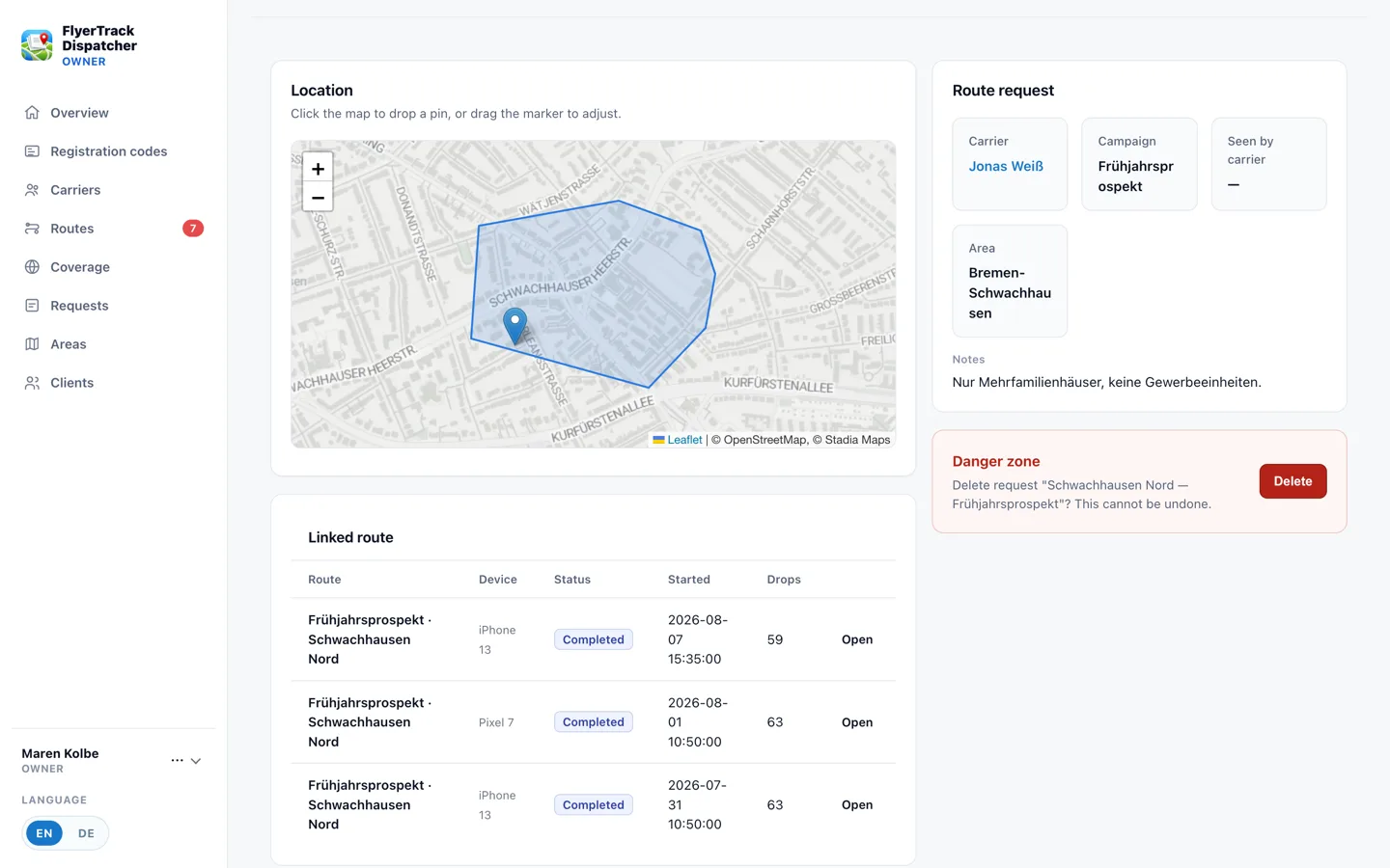 Job detail with the drawn area, client information and the walks recorded against it