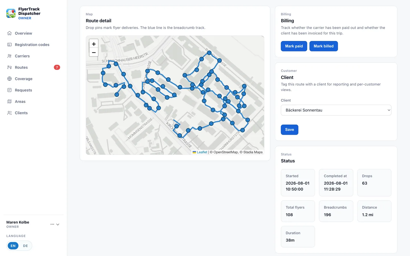 Route detail view with GPS track, drop pins, client assignment and route statistics