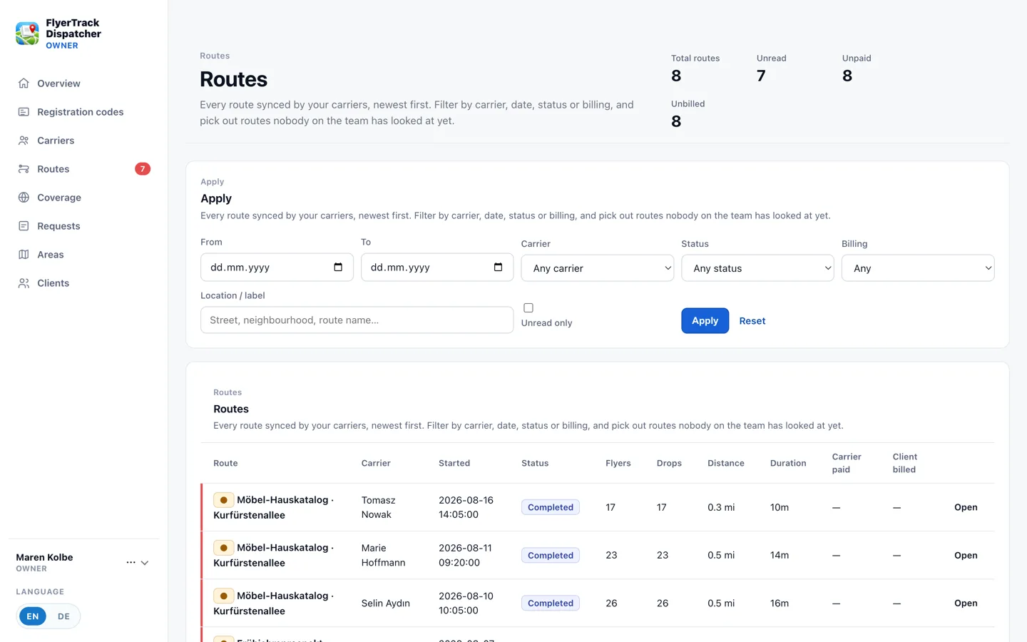 Route list highlighting which routes have not yet been billed