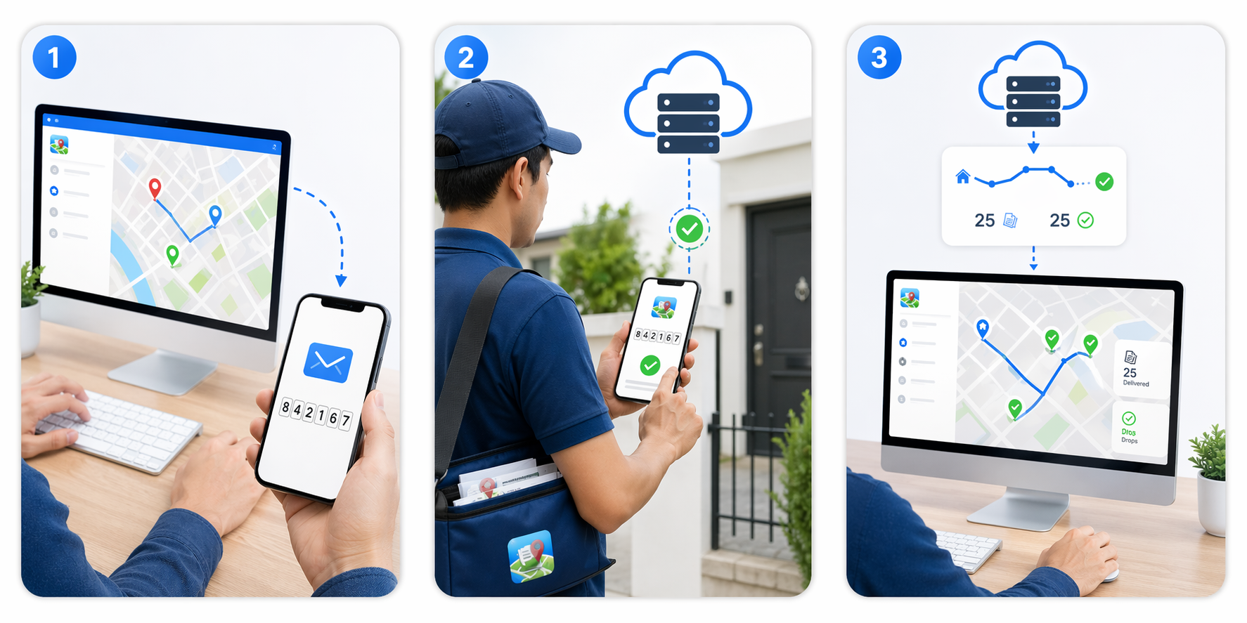 Three-step flow: dispatcher issues a registration code, carrier delivers in the field, drop data syncs back to the dashboard.